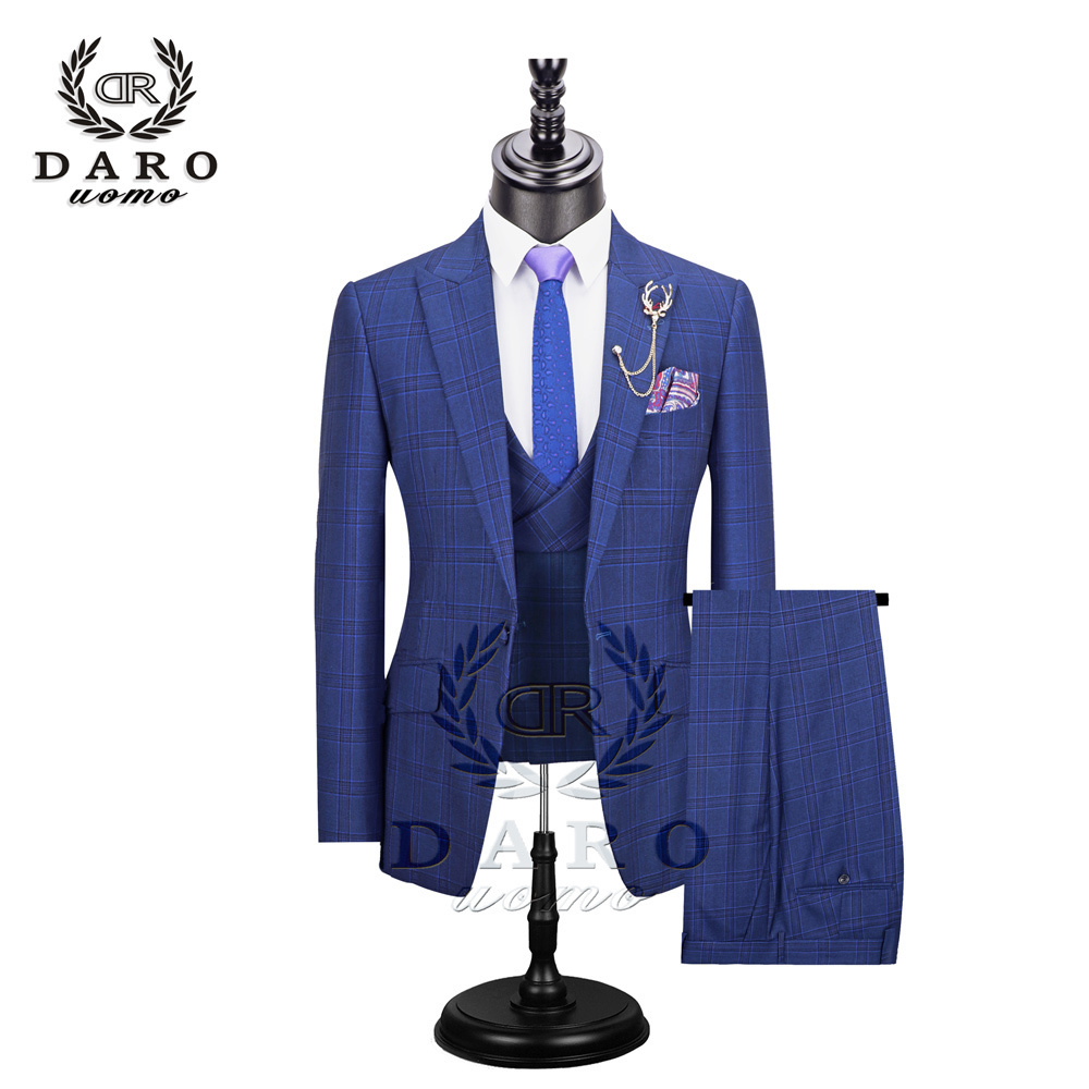 DARO New Men Suit 3 Pieces Fashion Plaid Suit Slim Fit blue purple Wedding Dress Suits Blazer Pant and Vest DR8193 201124