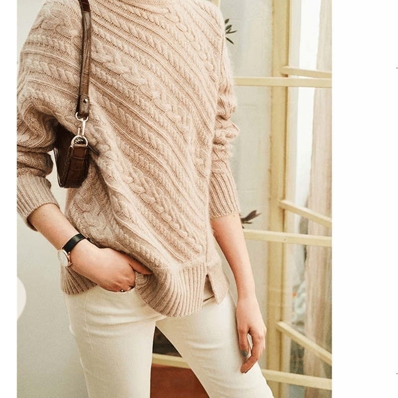 wool sweater female half-high collar oblique twisted loose loose lazy wind wool bottoming sweater women knitted pullover 201201