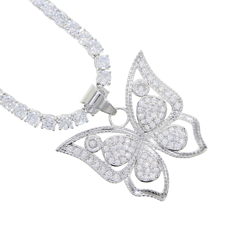 Large big Butterfly pendant with 5mm cz tennis chain necklace for women hip hop Jewelry with silver plated wholesale