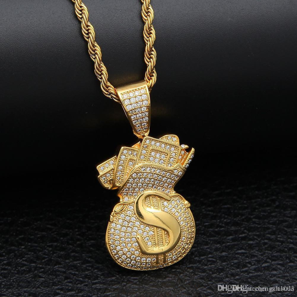 New Arrivel Iced Out Cubic Zircon Money Bag Pendant Necklace Hip Hop Gold Sier Color Men Charm Chain Jewelry Free shipping Free shipping