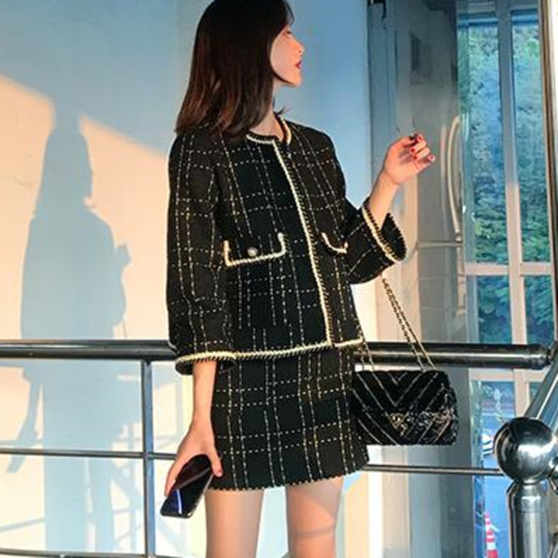 European Style Autumn Winter 2 Piece Set Women Short Woolen Tweed Jacket Coat & Bodycon Mini Skirt Set Women Two Piece Outfits 201106