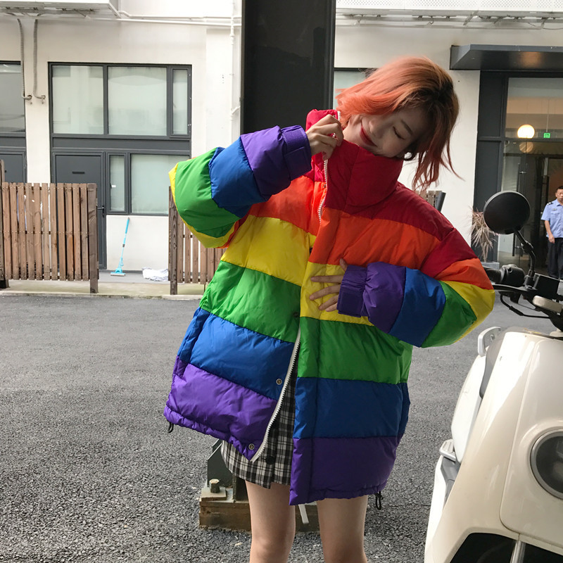 U-SWEAR Harajuku Winter Casual Jacket Women Rainbow Wadded Parka Plus Size Loose Striped Coat Femme Chaqueta Mujer 201119