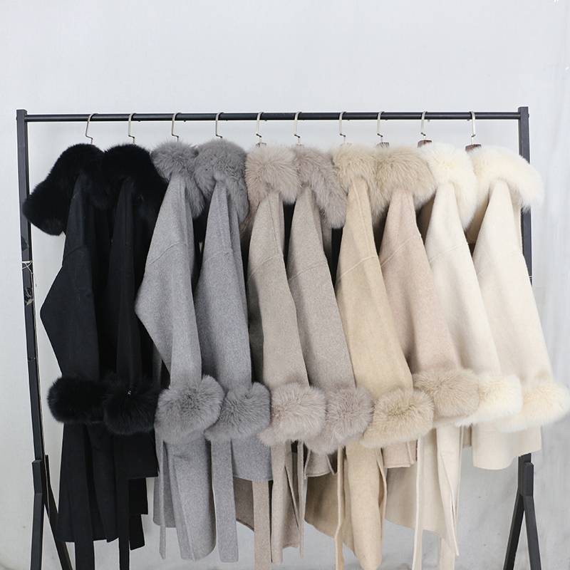 OFTBUY Real Fur Coat Winter Jacket Women Natural Fox Fur Collar Cuffs Hood Cashmere Wool Woolen Oversize Ladies Outerwear 201222