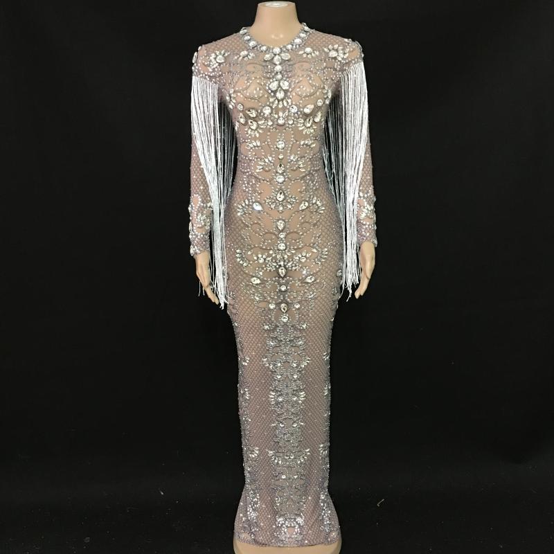 Bling Rhinestones Tassel Mesh Long Dress Birthday Celebrate Prom Party Dress Nightclub Female Singer See Through
Bling Rhinestones Tassel Mesh Long Dress Birthday Celebrate Prom Party Dress Nightclub Female Singer See Through