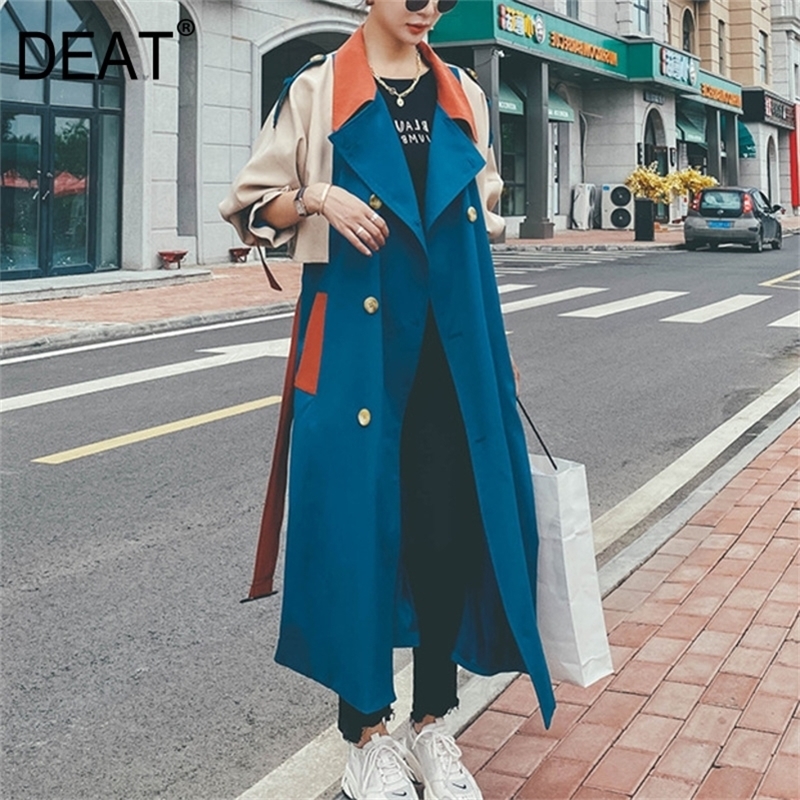 DEAT New Autumn Fashion Women's Trench Coat England Style Hit Color Patchwork Full Sleeve Lapel Collar With Belt TX156 201211
