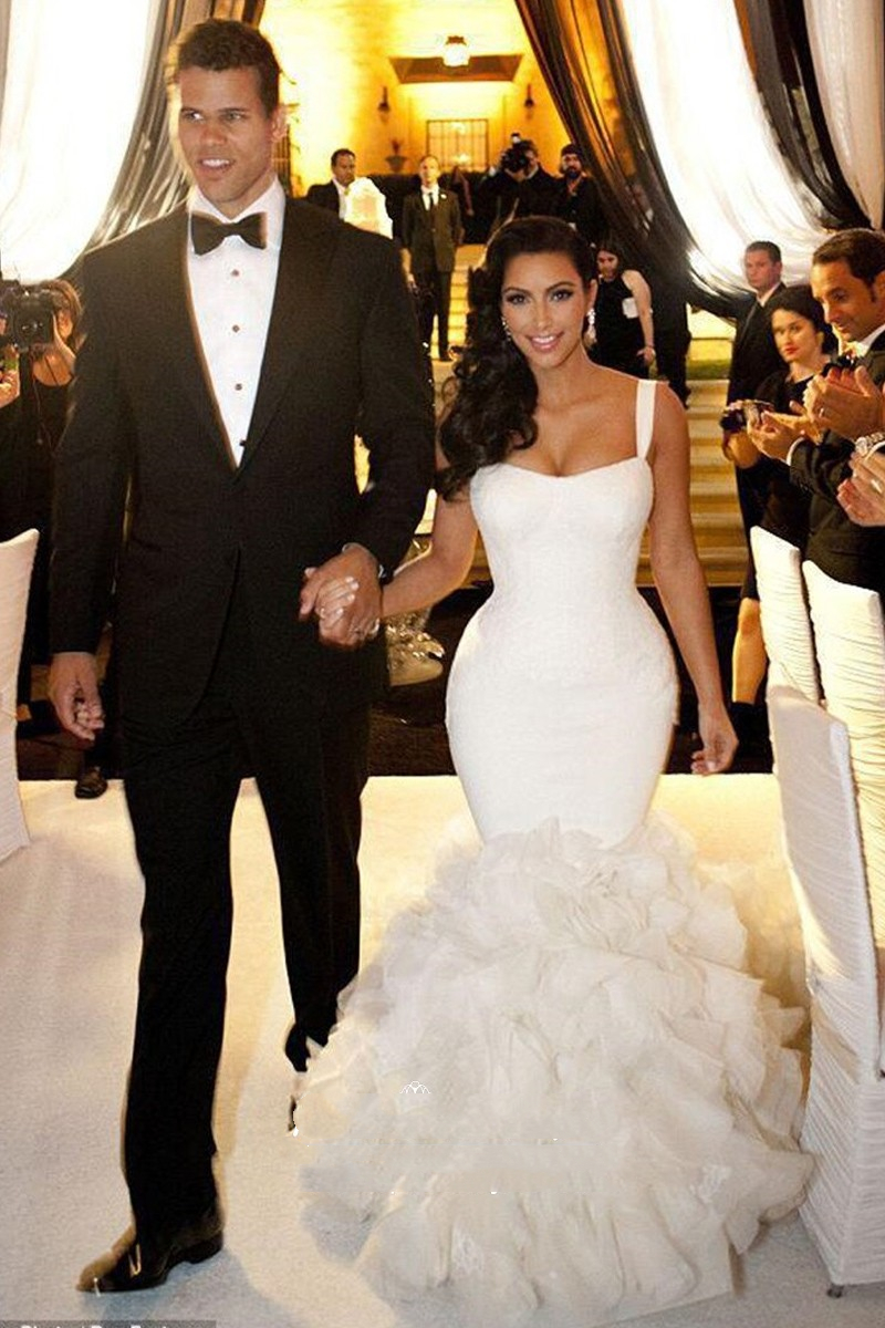 Luxury Kim Kardashian Wedding Dress Ruffled Organza Trumpet Chapel Long Train Bridal Gowns Straps Sleeveless OPen Back Ivory Bride Wedding Dresses