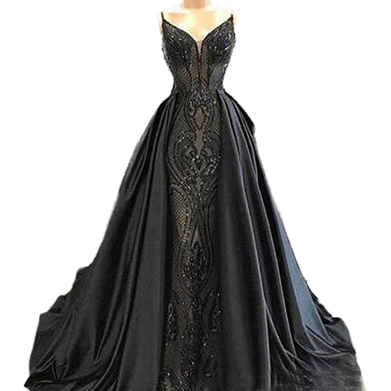 Luxury Dubai Arabic Black Formal Evening Dresses Sparkly Sequined Spaghetti Straps Long Prom Dress With Detachable Trains Middle East Special Occasion