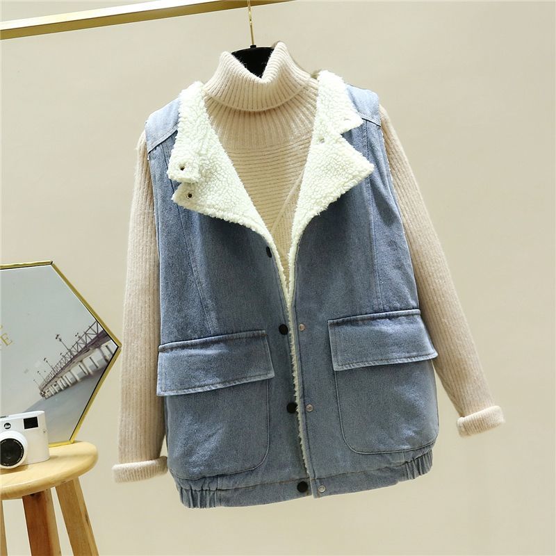 2021 Autumn Winter Loose Thick Denim Sleeveless Lamb Wool Jacket Female Korean Warm Vest Jacket Fashion Big Pocket Clothes, Black;brown
2021 Autumn Winter Loose Thick Denim Sleeveless Lamb Wool Jacket Female Korean Warm Vest Jacket Fashion Big Pocket Clothes, Black;brown