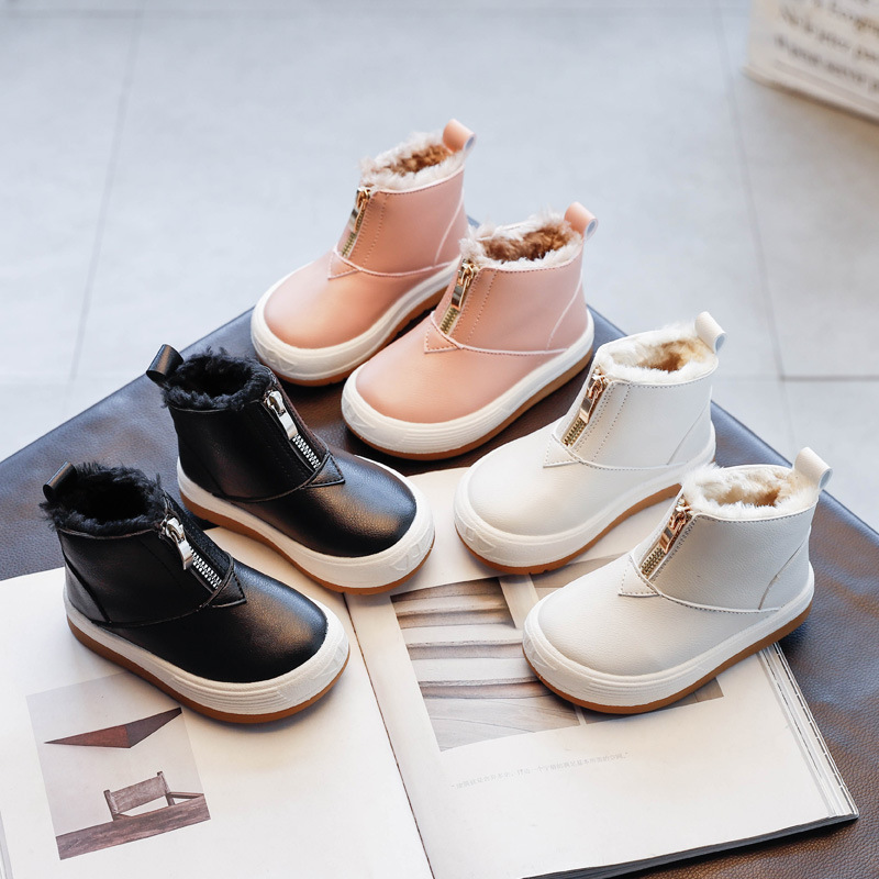 Children Cotton Shoes New Winter New Korean Fashion Front Zipper Princess Leather Boots Boy's Plush Warm Snow Boots D10062 201201