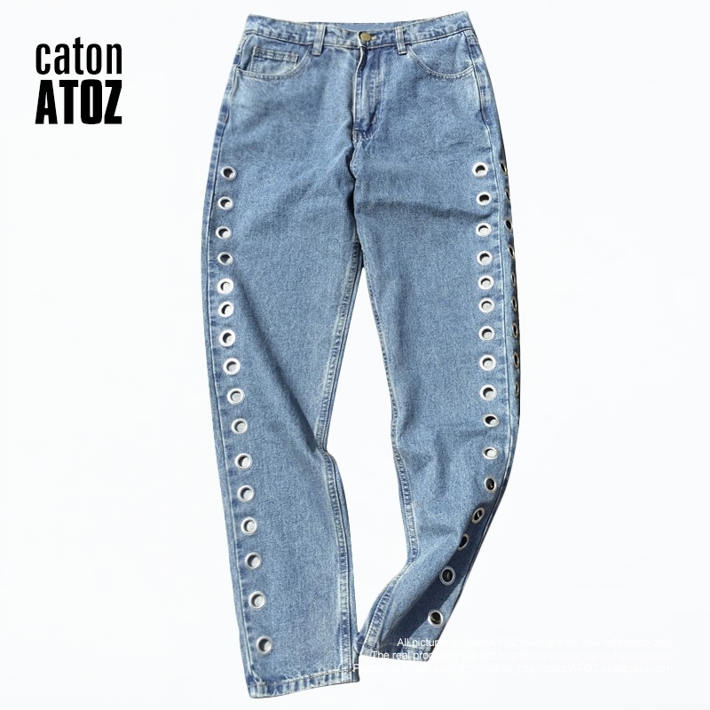catonATOZ 2093 New High Waist Eyelets Boyfriend Denim Mom Women Pants Female Plus Size Jeans For Woman 201106