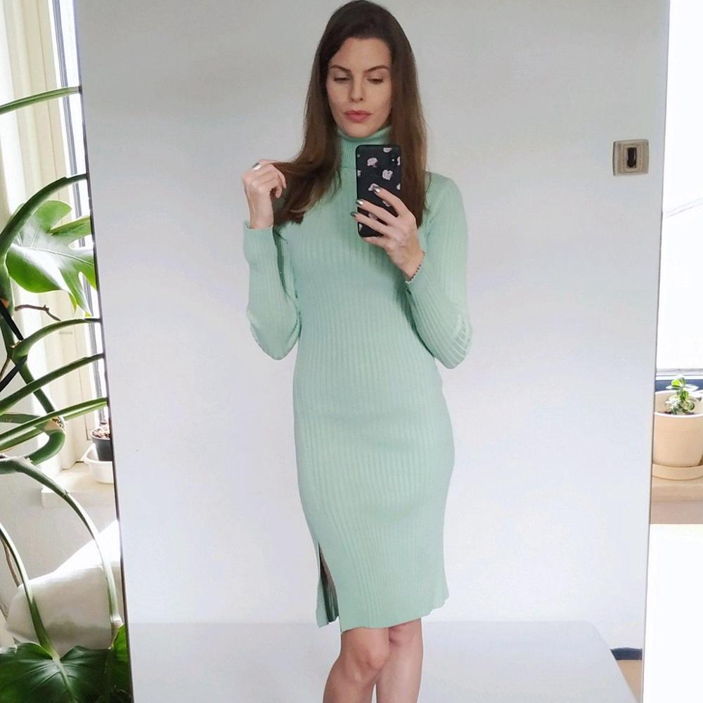 GIGOGOU Autumn Winter Women Turtleneck Sweater Dress Thick Warm Mid-Calf Long Sleeves Female Dresses Slim Rib Knitted dresses T200107