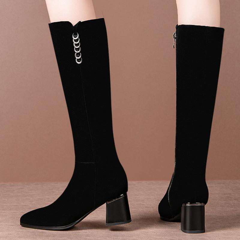 Women's genuine suede leather thick high heel winter warm plush knee high boots lack slim elegant ladies cold weather dress shoe, Black
Women's genuine suede leather thick high heel winter warm plush knee high boots lack slim elegant ladies cold weather dress shoe, Black