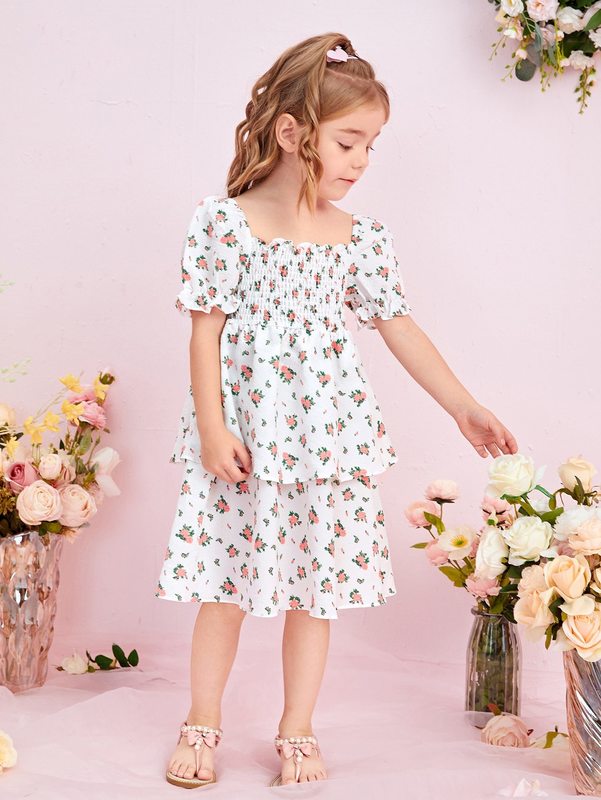 Toddler Girls Floral Shirred Puff Sleeve Layered Hem Dress SHE