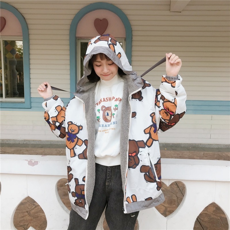 Cute Bear Print Allmatch Casual Cotton Coats Women on Both Sides Wear Coat Kawaii Soft Warm Loose Harajuku Jacket Autumn Winter 201027