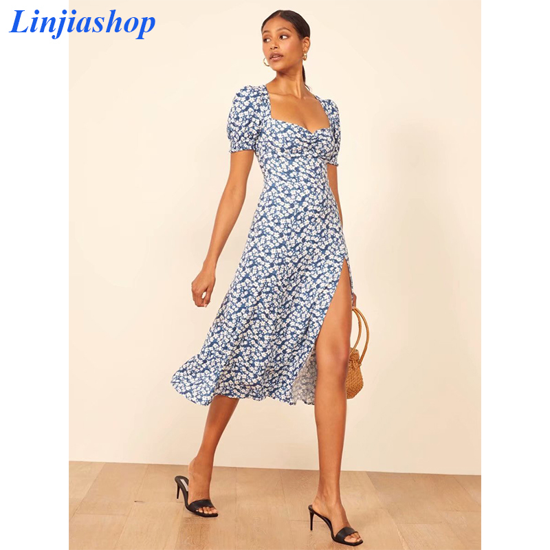 Vintage elegant square neck summer print dress women short sleeve A line slim waistline reformation holiday beach split dress F1202, Blue
Vintage elegant square neck summer print dress women short sleeve A line slim waistline reformation holiday beach split dress F1202, Blue
