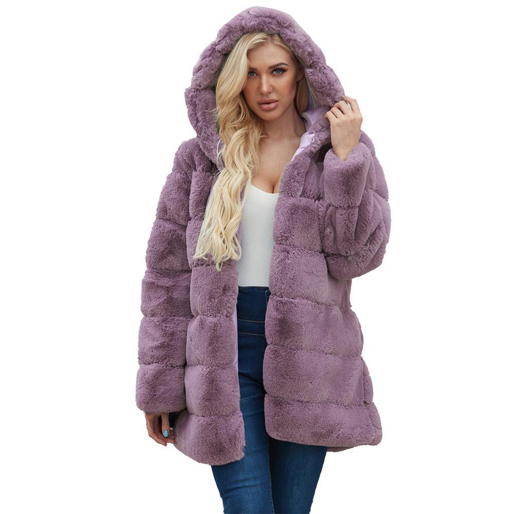 Fur Cat Winter Clothes Women Ladies Warm Faux Fur Coat Jacket Solid Hooded Outerwear 201214