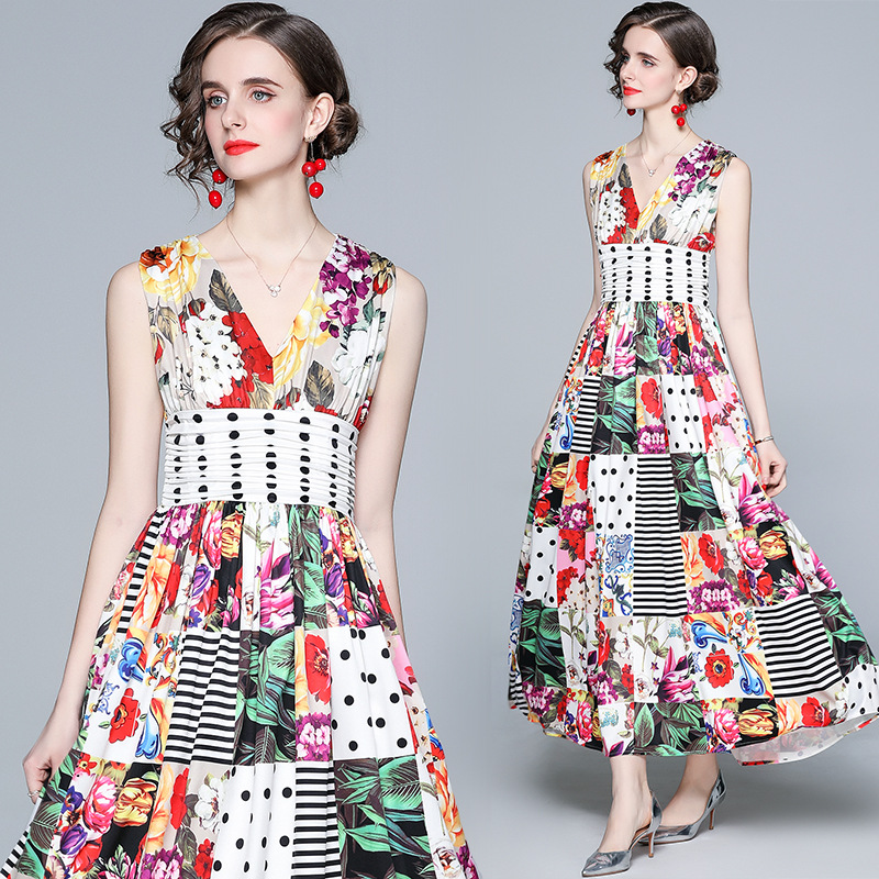 High Quality Womens Dress Designer New Style Spring and Summer New Sexy V-neck Sleeveless Fashion Printing Long Swing Women's Dress, Multi
High Quality Womens Dress Designer New Style Spring and Summer New Sexy V-neck Sleeveless Fashion Printing Long Swing Women's Dress, Multi