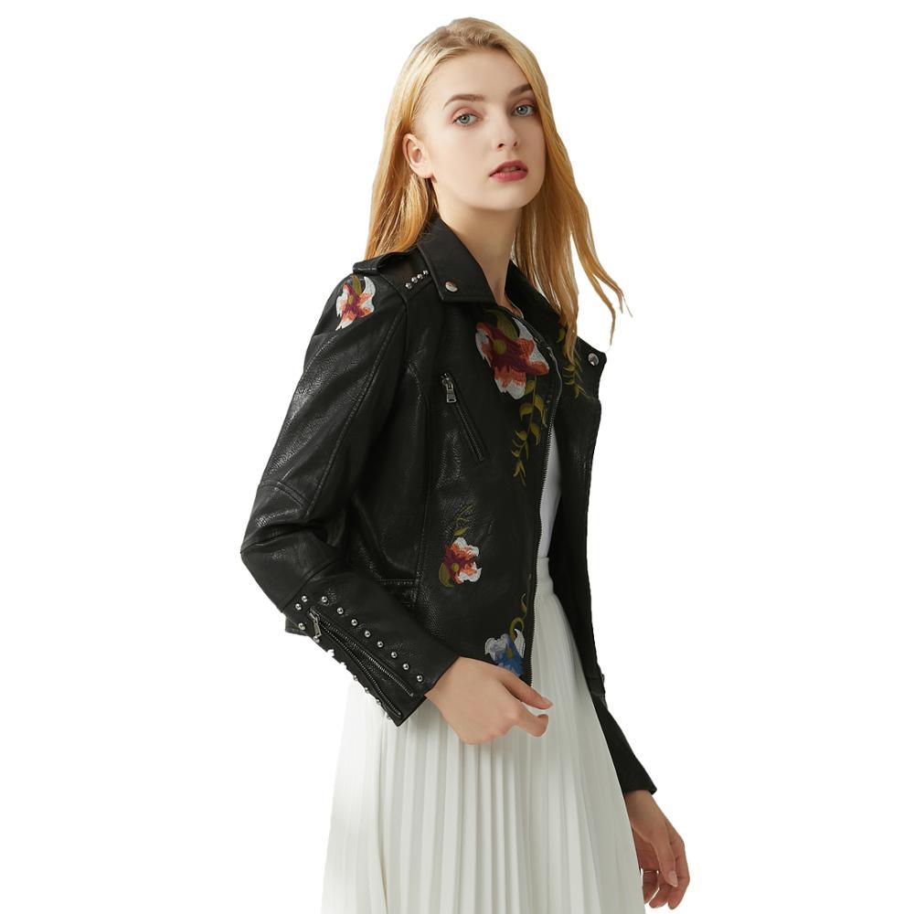 Ly Varey Lin Faux Soft Leather Jacket Women Embroidery Floral Faux Leather Jacket Pu Motorcycle Epaulet Zipper Punk Outerwear 201226