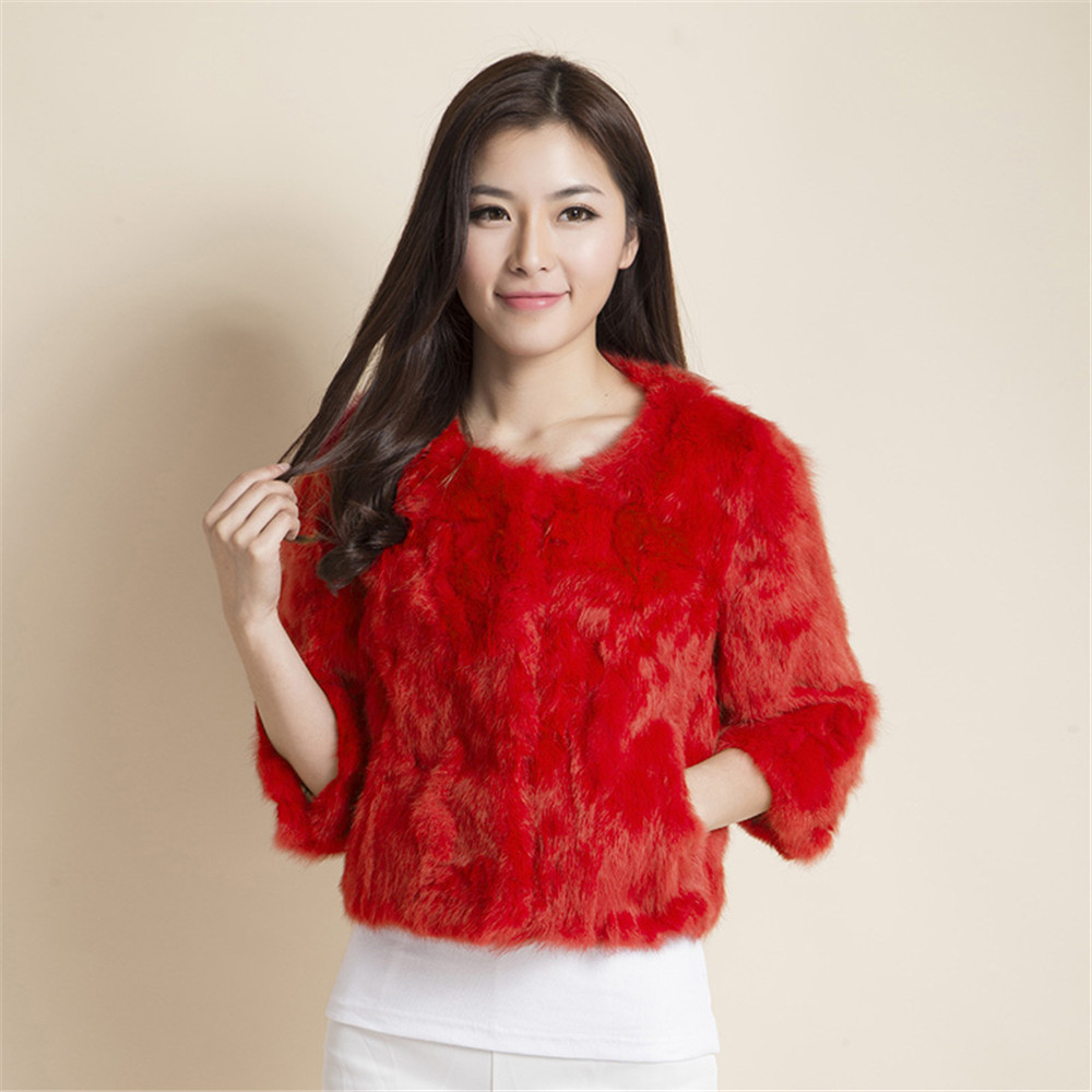 Ethel Anderson Women's Real Rabbit Fur Coat Natural Rabbit Fur Classic O-Neck Fashion Slim Thin Rabbit Fur Coat T200319