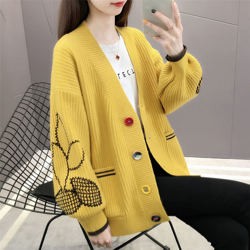 Autumn New Korean Fashion Embroidered Knitted Cardigan Women's Sweater Korean Loose Autumn and Winter Middle Long Coat 201031