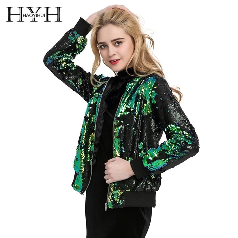 HAOYIHUI Autumn Women Sequin Coat Green Bomber Jacket Long Sleeve Zipper Streetwear Tunic Loose Casual Basic Lady Outwear T200212
