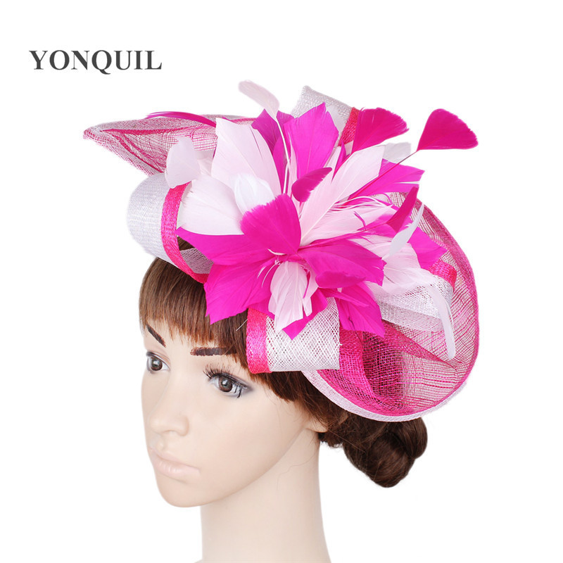 High quality 18 colors select cocktail hats sinamay base with feather flower fascinator hair accessories occasion wedding hats T200508
