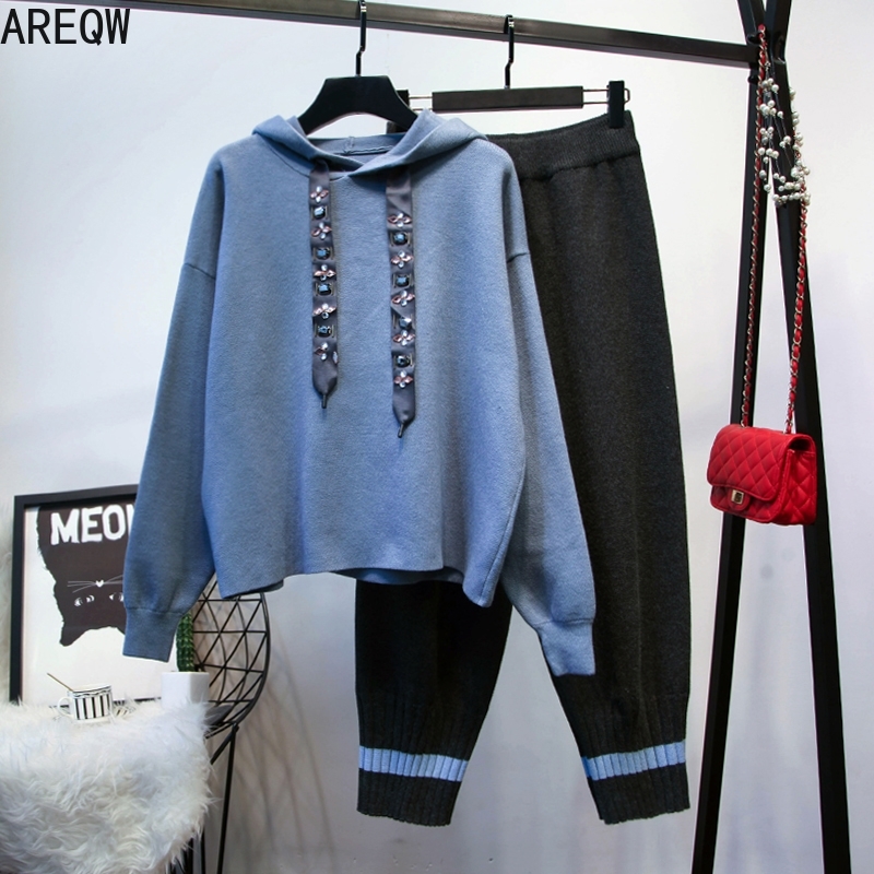 2 Piece Set Women New plus size Autumn Women's Long Sleeve Hoodies Tops and Knitted Pant Suits Tracksuit Casual Female 201113