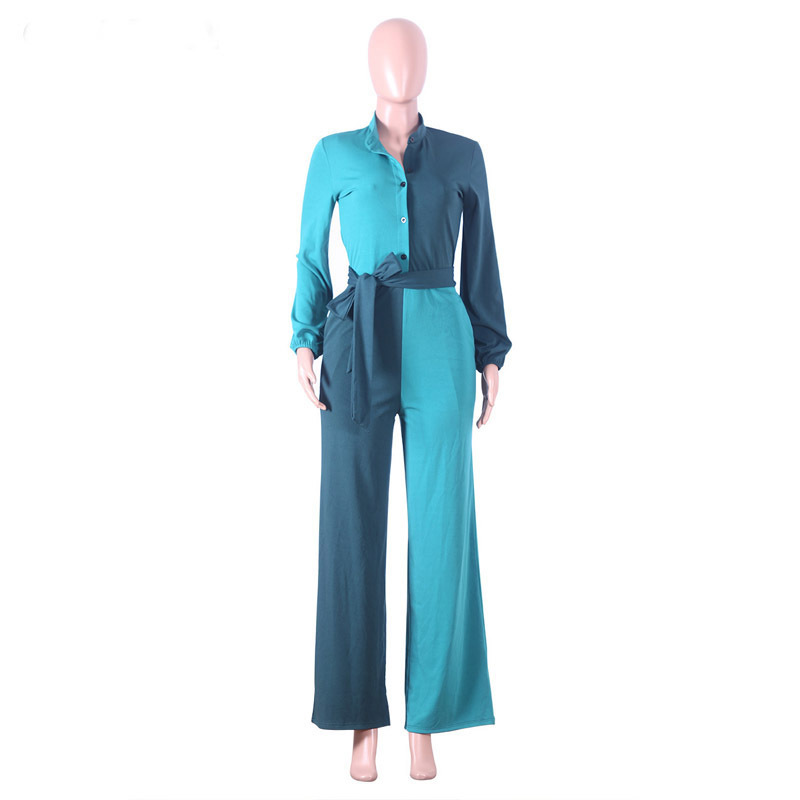 Women Long Sleeves Colorblock Insert Buttoned Lantern Sleeve Jumpsuit Plus Size T200616