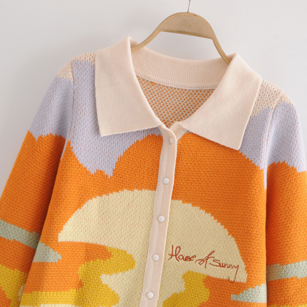 New Women's Sweater Colourful Patchwork Button Turn-Down Collar Long Sleeve Sweater Fashion Casual Female Tops 201029