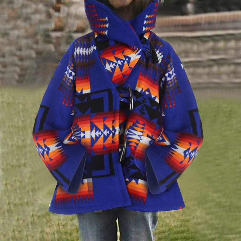 Vintage Geometry Print Hooded Long Jacket Women Autumn Winter Casual Oversized Woolen Coat Female Thick Warm Loose Outwear 201030