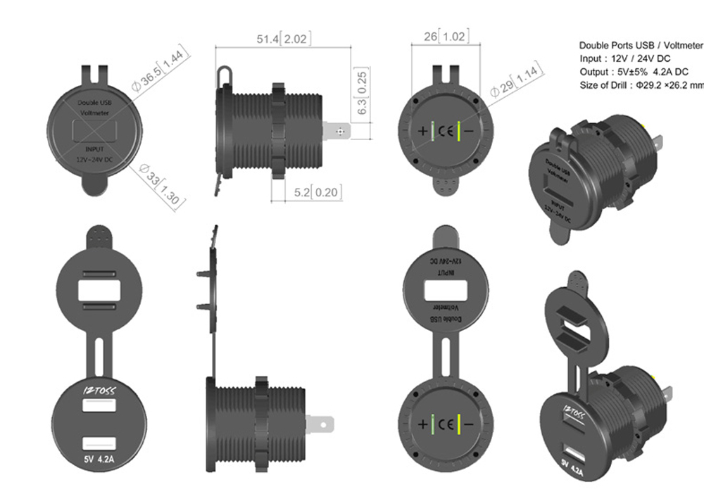 Charger QC 3.0 PD With LED Voltmeter Cable Chargers Socket Adapter Dual USB Universal Plug For 12-24V Car Motorcycles