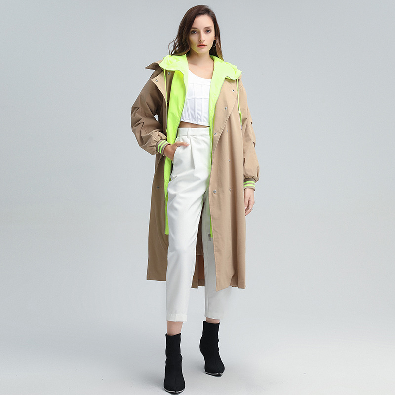 TWOTWINSTYLE Korean Patchwork Hit Color Trench For Women Lapel Long Sleeve Hoodies Casual Loose Windbreaker Female Fall New 201102