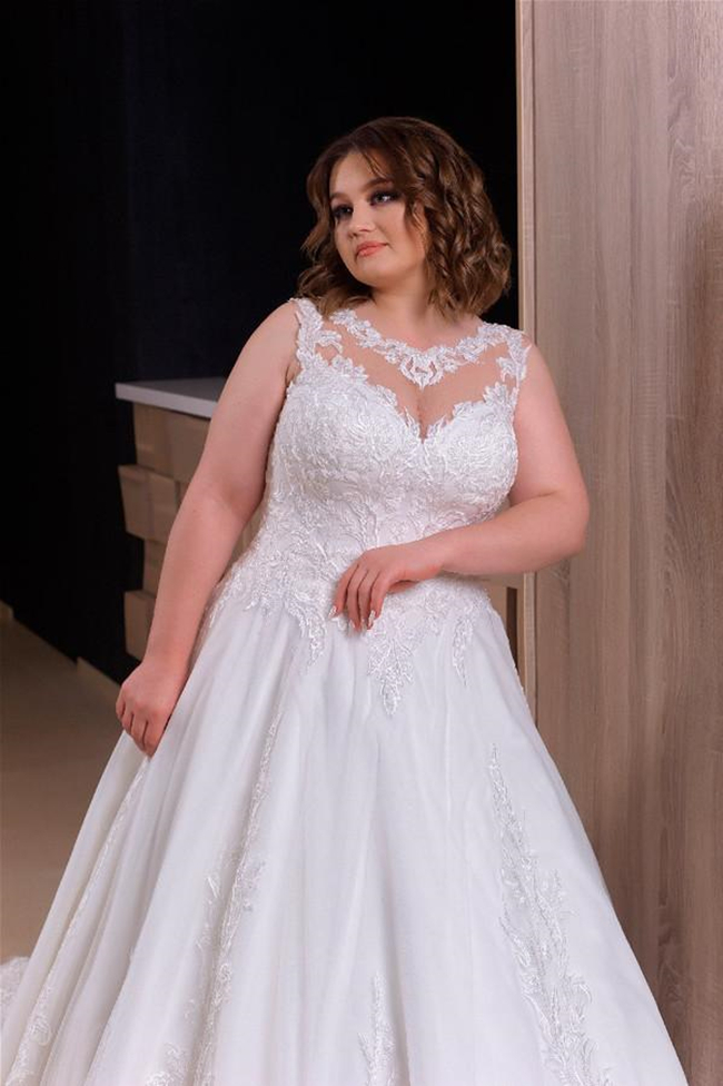 2022 Vintage Plus Size A Line Wedding Dress Jewel Neck Lace Appliqued Ivory Tulle Bridal Dresses Long Wedding Gowns Sleeveless Summer robes de mariée