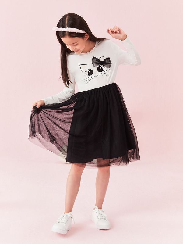 Girls Bow Detail Cat Print Mesh Overlay Dress SHE