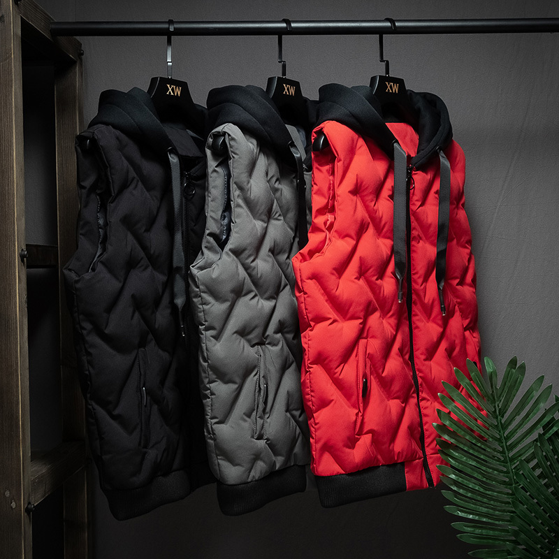 Winter Vest Men Casual Waterproof Warm Hooded Slash Pockets Sleeveless Coat Red Olive Black Color Plus Size 201120