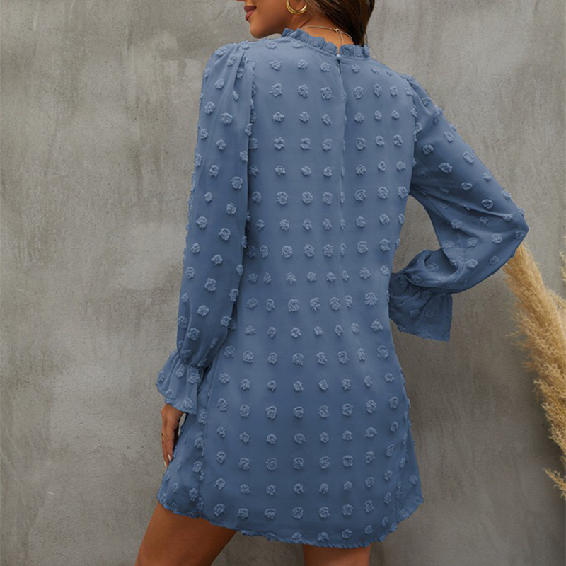 Swiss Dot Women Casual Dress Long Sleeve Fall A line Dresses Ruffle Flowy Chiffon Crew Neck Loose Fit Short Mini Dress