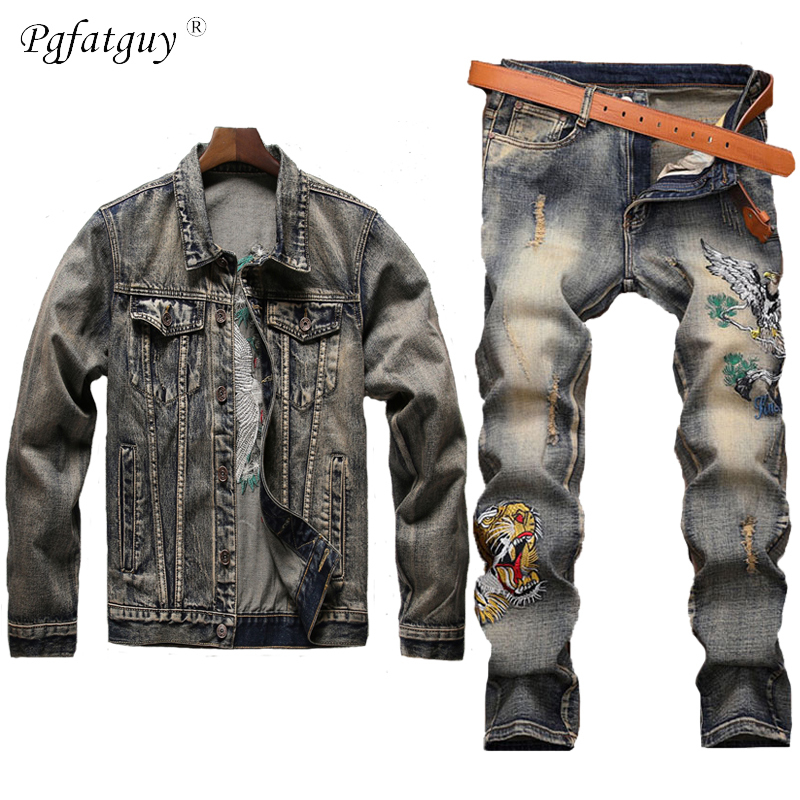 New Men Vintage Sets Embroidered Red Crowned Crane Hole Distressed Jackets + Embroidered Tiger Jeans Mens Clothing 2 Piece Set LJ201124
