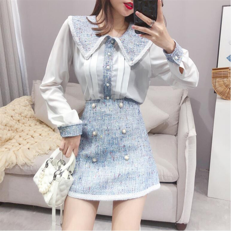 Ladies Fashion Tweed 2 Piece Set Women Autumn New Peter pan collar Stitching Chiffon Shirt and Tweed High waist Mini Skirt Sets T200325
