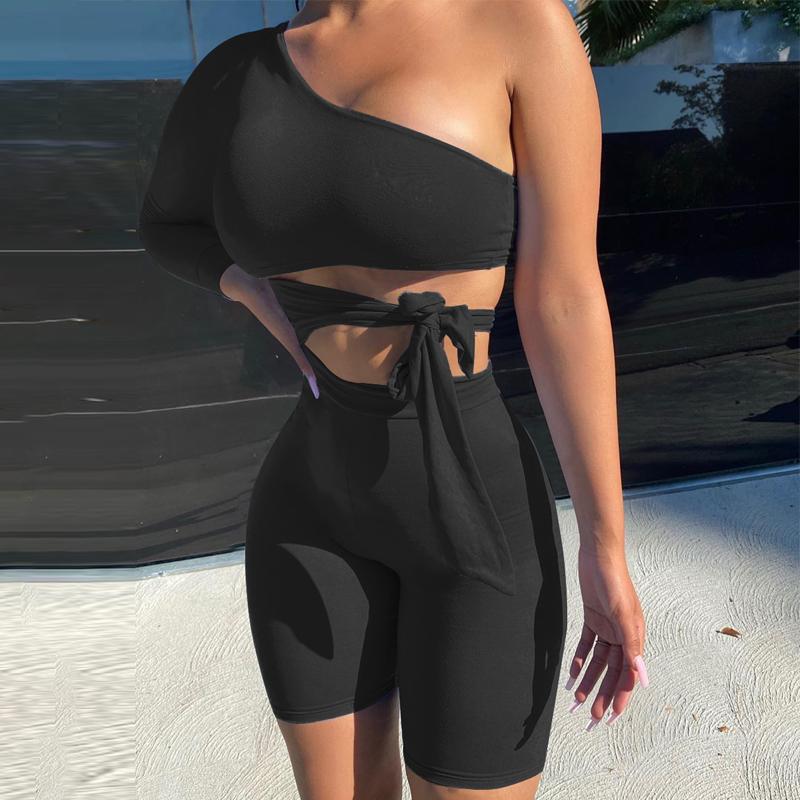 Women 2 Piece Yoga Outfits, Sexy Long Sleeve One Shoulder Tie Knot Side Crop Top + Bodycon Shorts Set, Black
Women 2 Piece Yoga Outfits, Sexy Long Sleeve One Shoulder Tie Knot Side Crop Top + Bodycon Shorts Set, Black