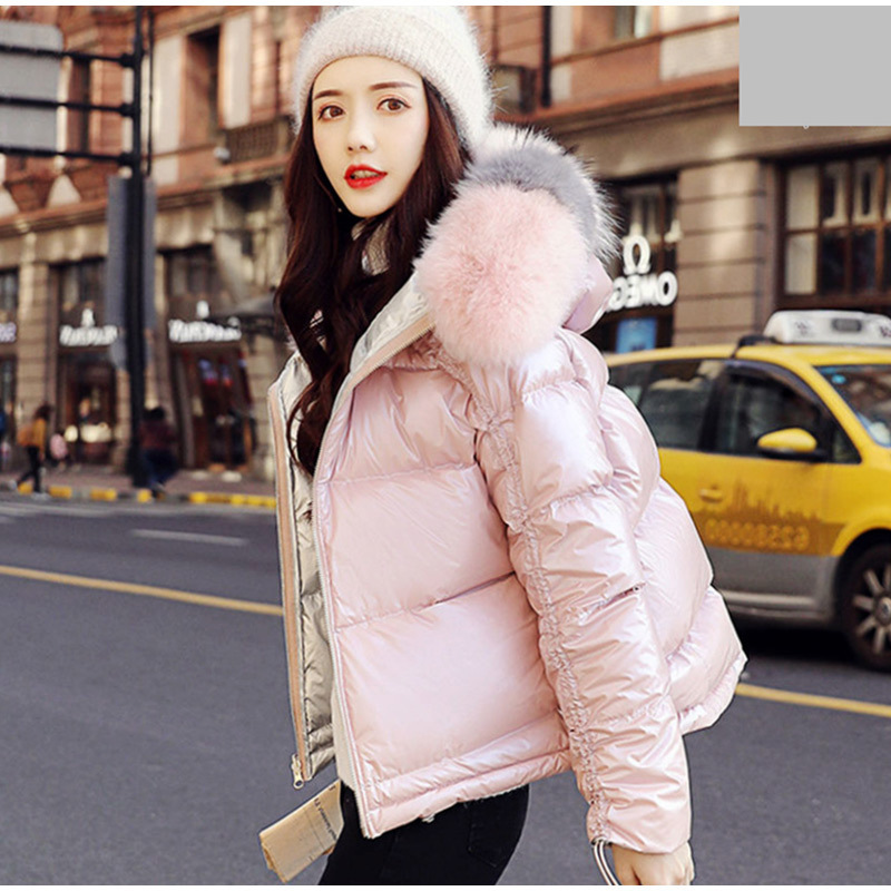 Winter Faux Fur Collar Short Parka Women Hooded Cotton Padded Jacket Female Shinny Parkas Fashion Thicken Warm Coats Woman 201019