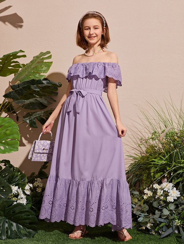 Teen Girls Schiffy Ruffle Detail Off Shoulder Belted Dress SHE