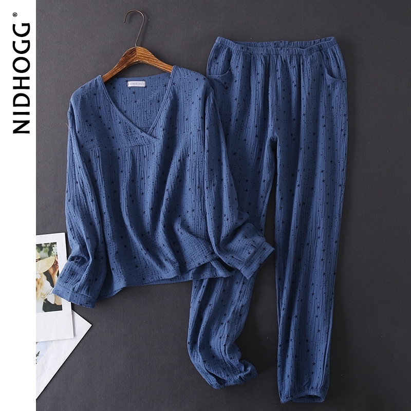 Women's Cotton Water-washed Texture Crepe Gauze Long-sleeved Trousers Pajamas V-Neck Pyjamas Women Geometric Sleepwear Pijamas 201027