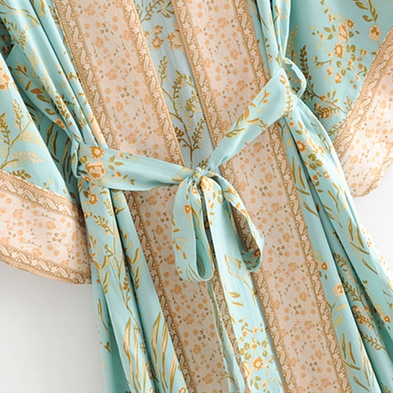 New Hot Selling Vintage Boho Floral Print Long Kimono Cardigan Summer Tops Belted Beachwear Vestido Blusas Mujer 201130
