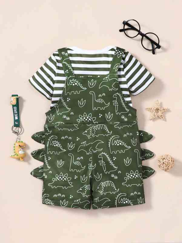 Baby Striped Bodysuit & Dinosaur Print 3D Patched Overall Romper SHE