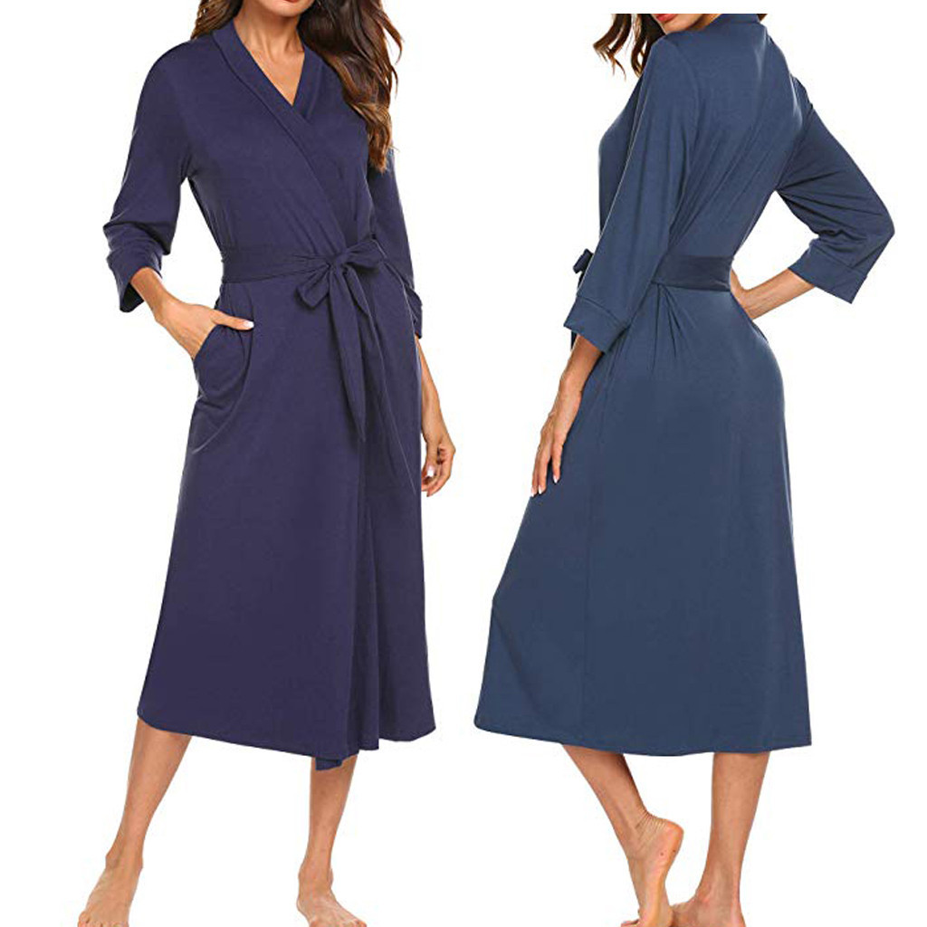 Women Sleep Robes Nighties Long Sleeve Solid Kimono Robe Nightgown Spa Bathrobe Sleepwear Dressing Gown Female Homewear 210203