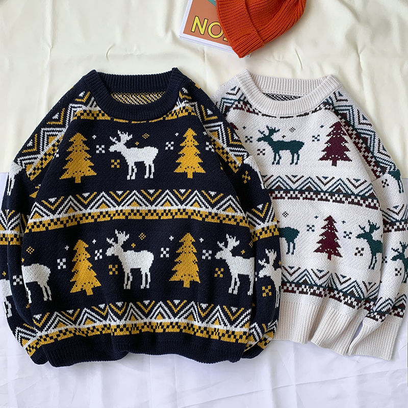 Japanese retro Harajuku Christmas elk round neck pullover couple men's and women's padded sweater 201214