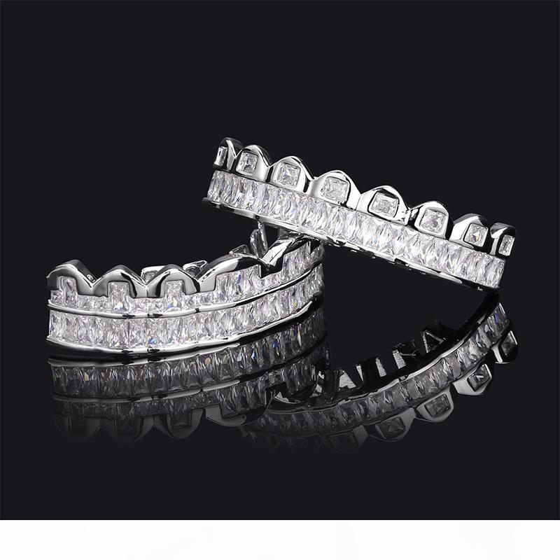 personalized White Gold CZ Cubic Zirconia Teeth Grills Hip Hop Vampire Bling Fang Grillz Iced Out Full Dia Tooth Cap Mens & Womens Free shipping