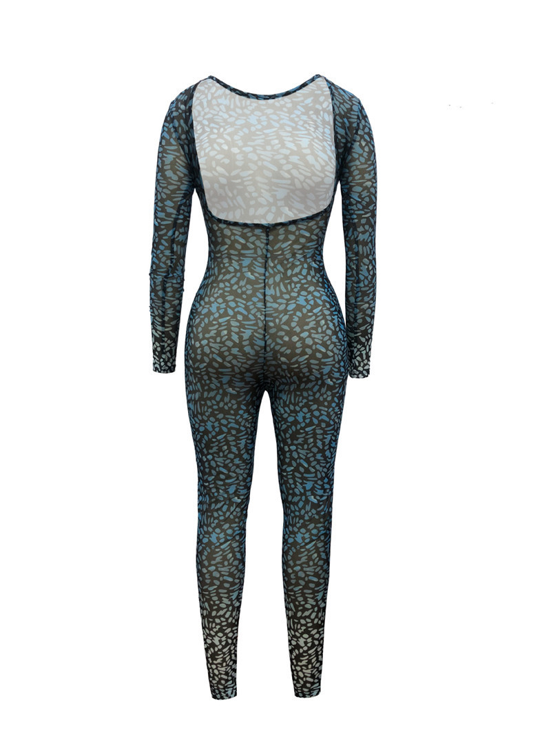 ANJAMANOR Blue Print Mesh Open Back Loong Sleeve Bodycon Jumpsuit One Piece Romper Women Sexy Costume Club Fall Outfits D37-AC25 201007
