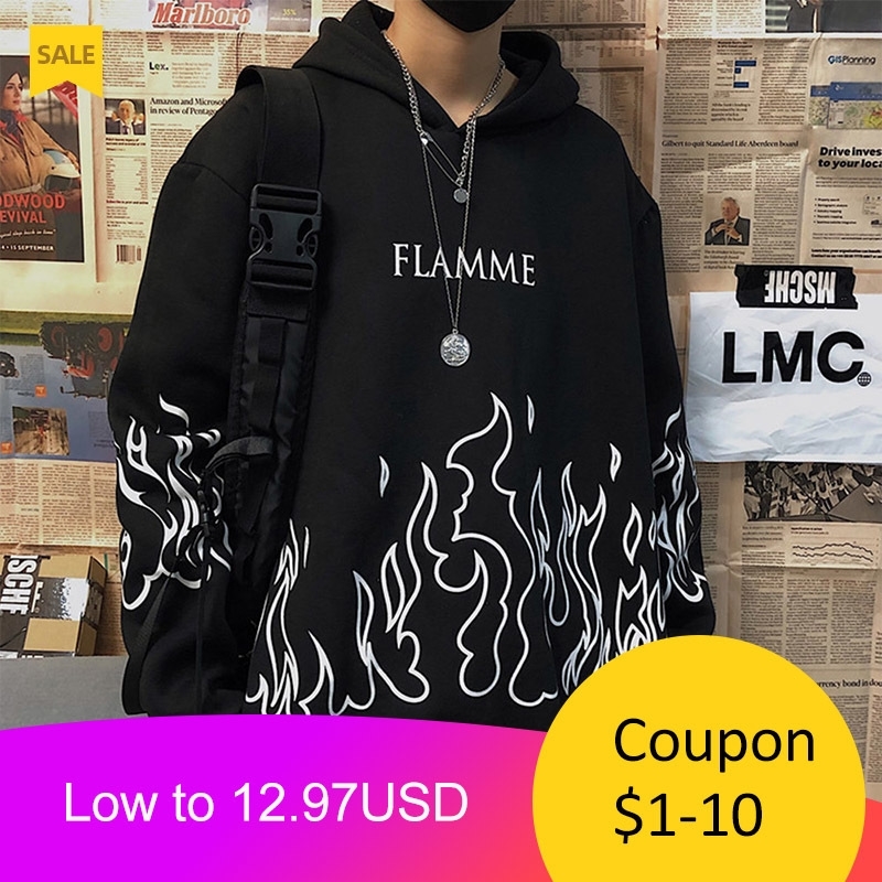 Flame Print Men Hoodies Winter Thick Hooded Hoodies Mens Harajuku Letter Tops Gothic Pullovers Casual Couple Sweatshirt 201103
