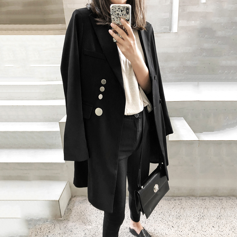 EAM Women Black Button Stitch Long Blazer Lapel Sleeve Loose Fit Jacket Fashion Spring Autumn 1W524 201114